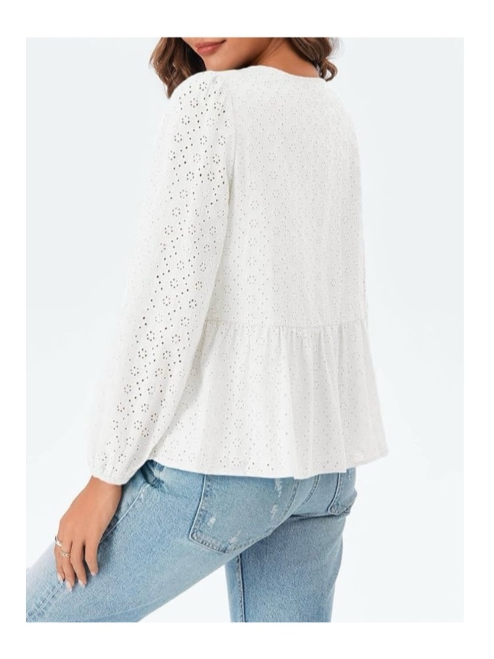 Eyelet Tie-Front White Peplum Top Size Medium - Picture 2 of 7